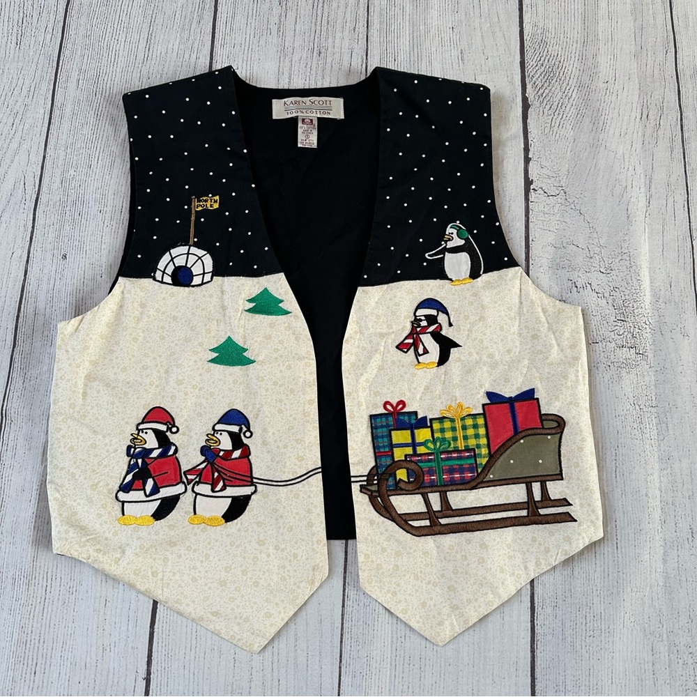 Vintage Karen Scott black white Christmas winter penguin vest size small